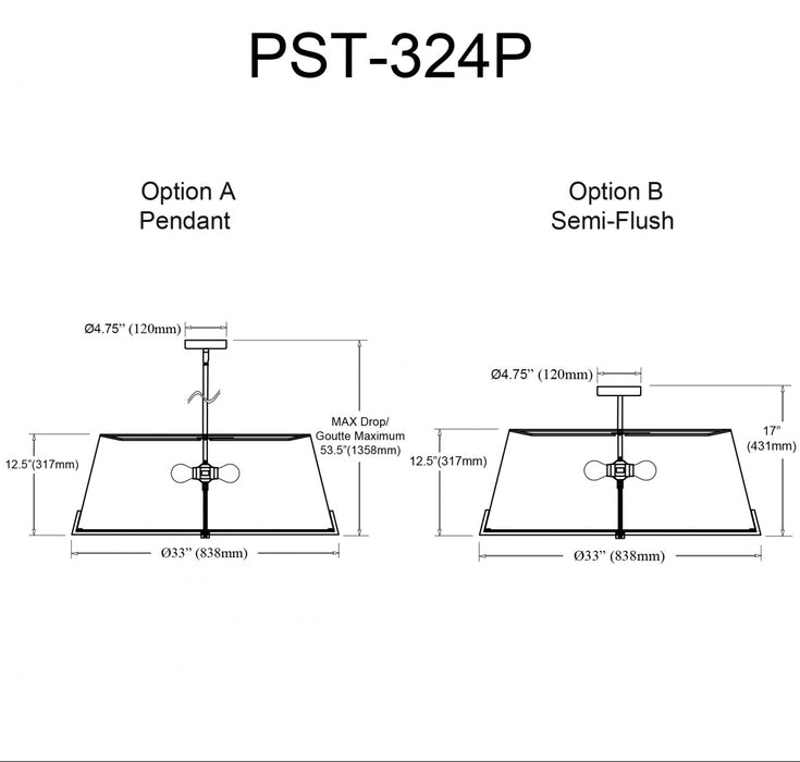 Luminaire suspendu Preston de Dainolite de 33 po de diamètre avec abat-jour en tissu gris, fini laiton vieilli et 4 ampoules