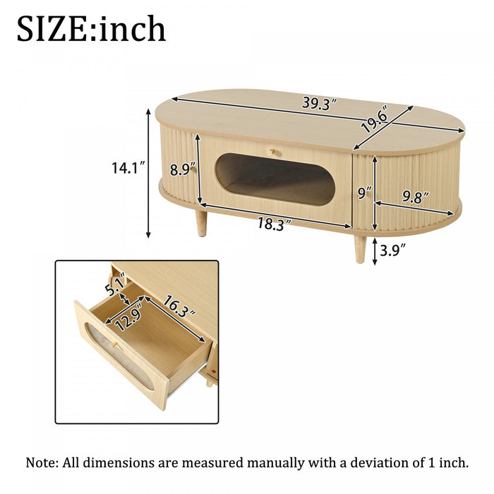 Grain Table Basse Noyer 39.3 po avec Porte Enroulable et Tiroir Acrylique, Noyer Naturel