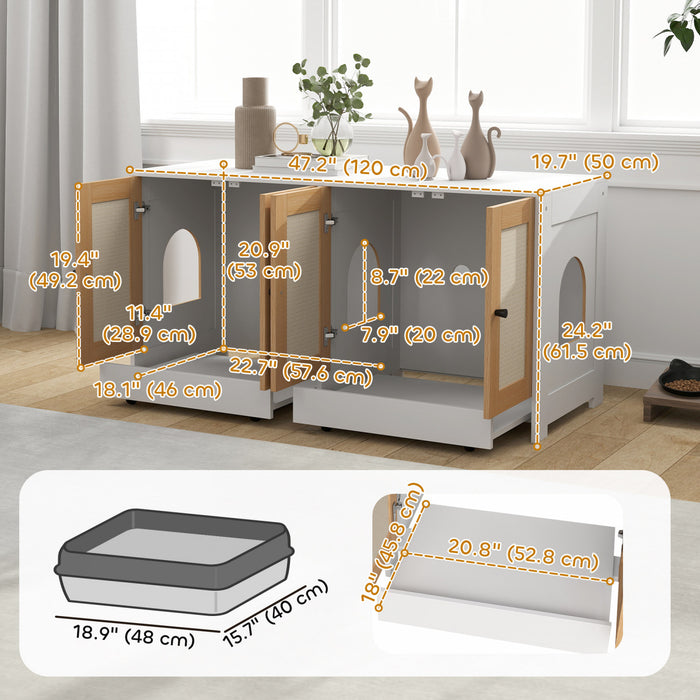 Pawhut Bac A Litiere Pour Chat, Table D'appoint Cachee Avec 2 Armoires, Tapis A Gratter, Plateaux Coulissants, Meuble De Bac A Litiere Pour 2 Chats Chatons, Blanc