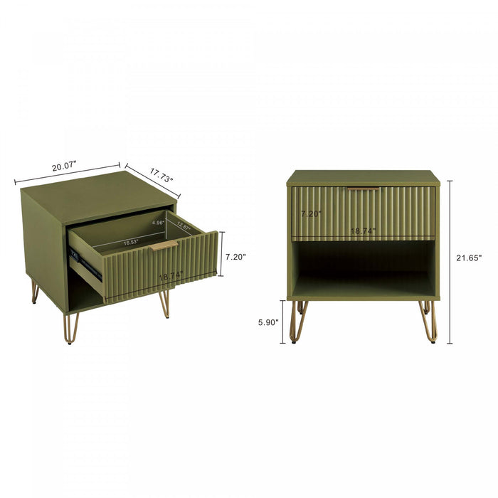 Table de nuit moderne Dumbo 20\" a cannelures en vert olive (1 tiroir)