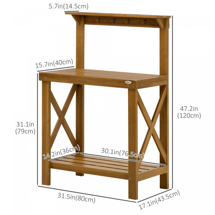 Outsunny Banc De Jardinage A 2 Niveaux Avec Etagere De Rangement Et Crochets Superieurs