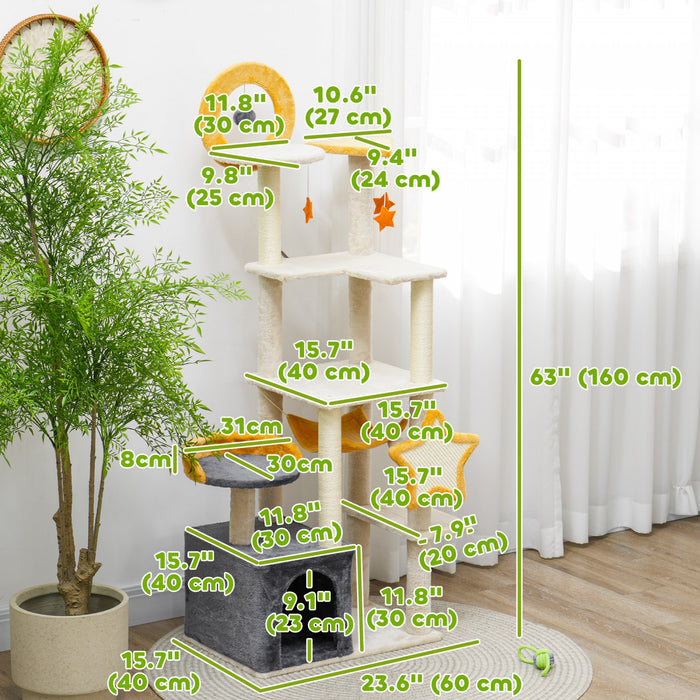 Pawhut Tour A Chat, Arbre A Chat De 63 Pouces Pour Grands Chats Adultes Avec Griffoirs Pour Chat, Condo Pour Chat, Lit, Planche A Gratter, Jouets Pour Chat, Beige