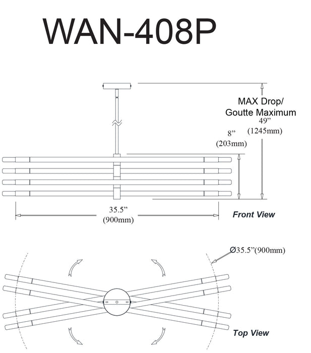 Petit lustre Wand de Dainolite avec fini noir mat et laiton vieilli et 8 ampoules