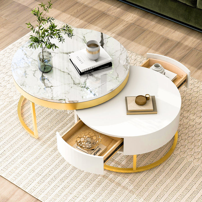 Table Basse Gigogne Moderne Herman De 31,5\" Avec Tiroirs De Rangement, Blanche