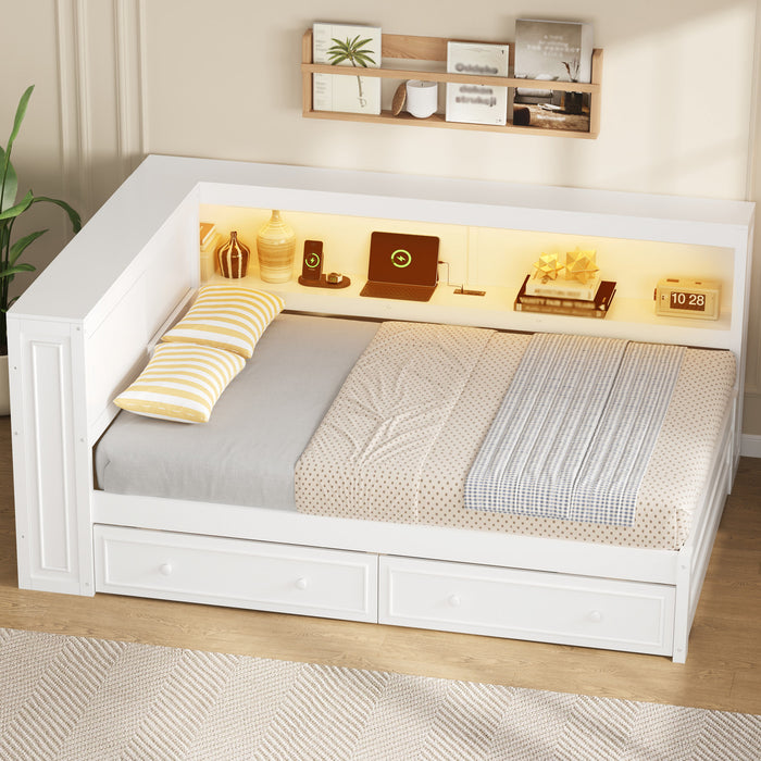 Lit de jour Arthur en bois format Full avec LED, port USB et 2 tiroirs de rangement, blanc