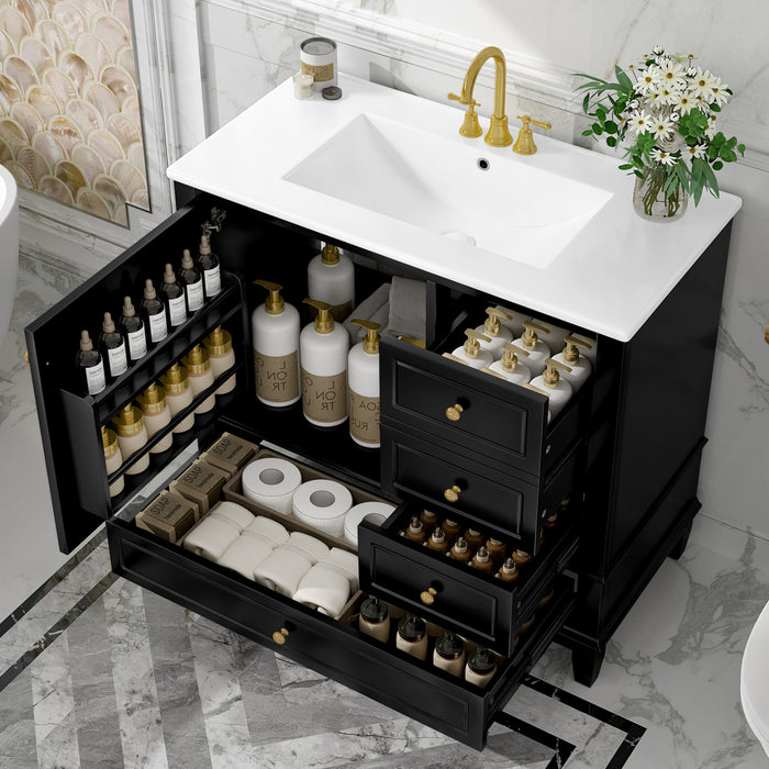 Fanny Meuble-lavabo de 36\" avec vasque en ceramique et charnieres a fermeture douce, Noir