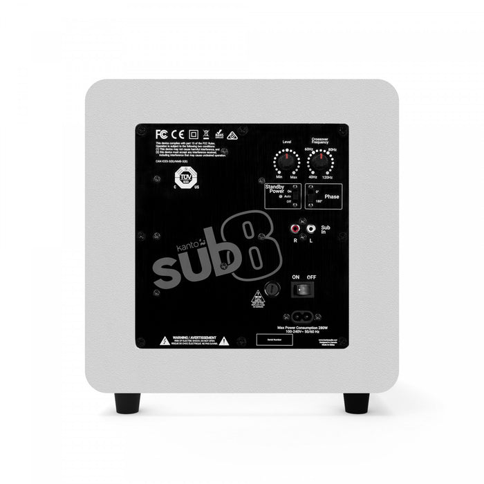 Caisson de basses amplifie scelle Kanto SUB8VMB 8\"\" 300 W, blanc mat\n