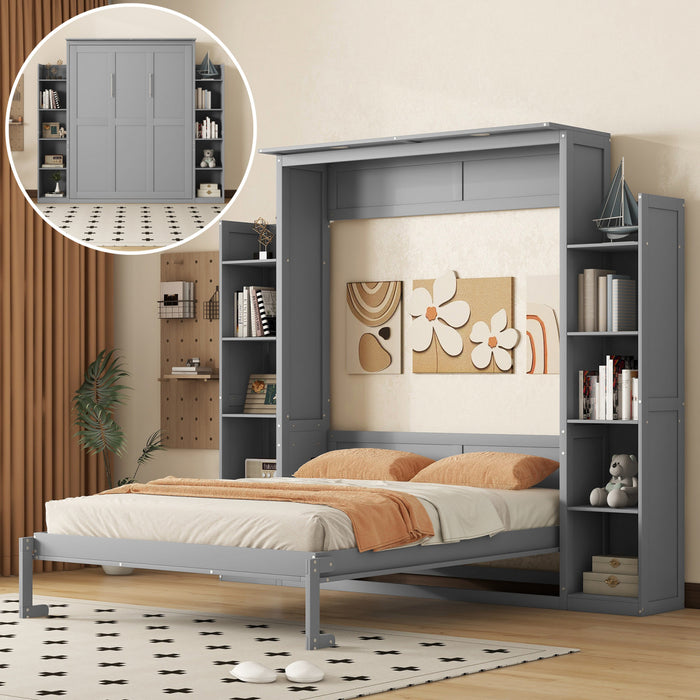 Lit Mural Escamotable Glenn En Bois Composite Avec Etageres Et Eclairage Led, Taille Queen, Gris