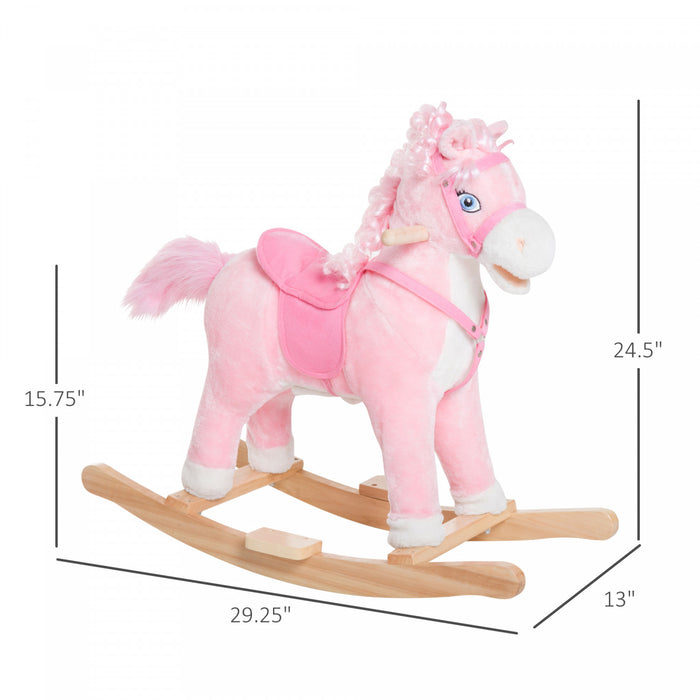Qaba Kids Cheval A Bascule En Peluche Jouet A Bascule Pour Enfant Avec Sons Realistes Rose