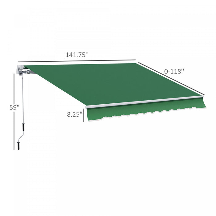 Outsunny 12' X 10' Auvent Retractable Manuel Pare-soleil Abri Exterieur Patio Fenetre Pont Abri Exterieur Canopee Cadre En Aluminium Manivelle Vert