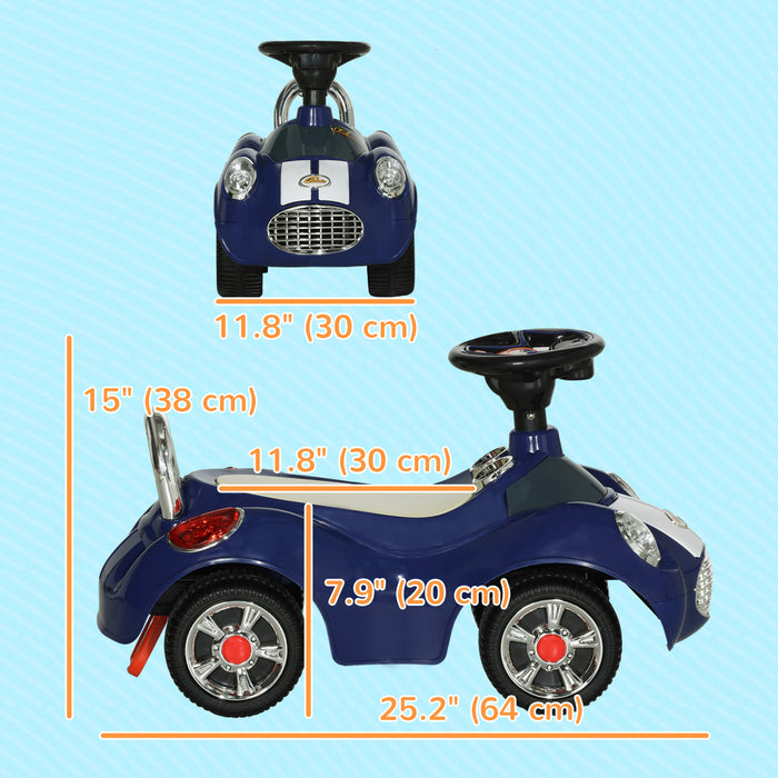 Qaba Voiture Bebe, Voiture A Pousser Pour 1 A 3 Ans Avec Musique, Klaxon, Lumiere, Voiture Coulissante Du Pied Au Sol Pour Les Tout-petits, Bleu Fonce