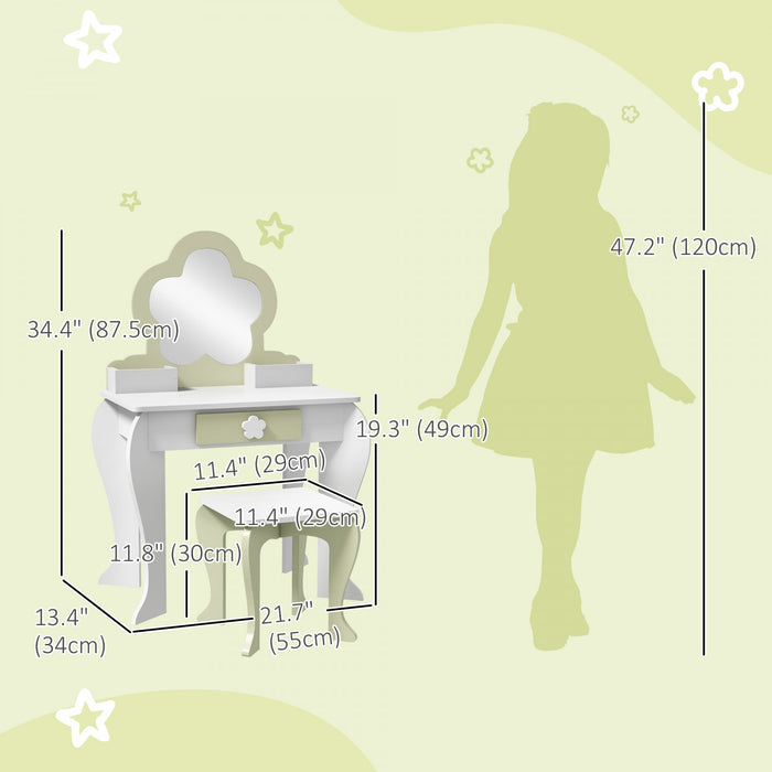 Qaba Coiffeuse Pour Enfants Avec Miroir Et Tabouret, Coiffeuse Pour Filles Avec Tiroir, Boites De Rangement, Vanite De Maquillage Au Design Floral, Pour 3 A 6 Ans, Blanc