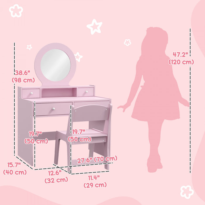 Qaba Ensembles De Vanite Pour Enfants 2 Pcs, Coiffeuse Pour Enfants, Rose