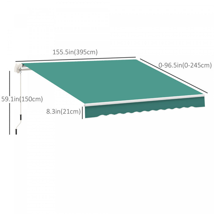 Auvent De Patio Retractable Manuel Outsunny De 13 Pi X 8 Pi, Pare-soleil Resistant A L'eau, Cadre En Aluminium Pour Abri De Porte De Fenetre De Terrasse Exterieure (vert Fonce)