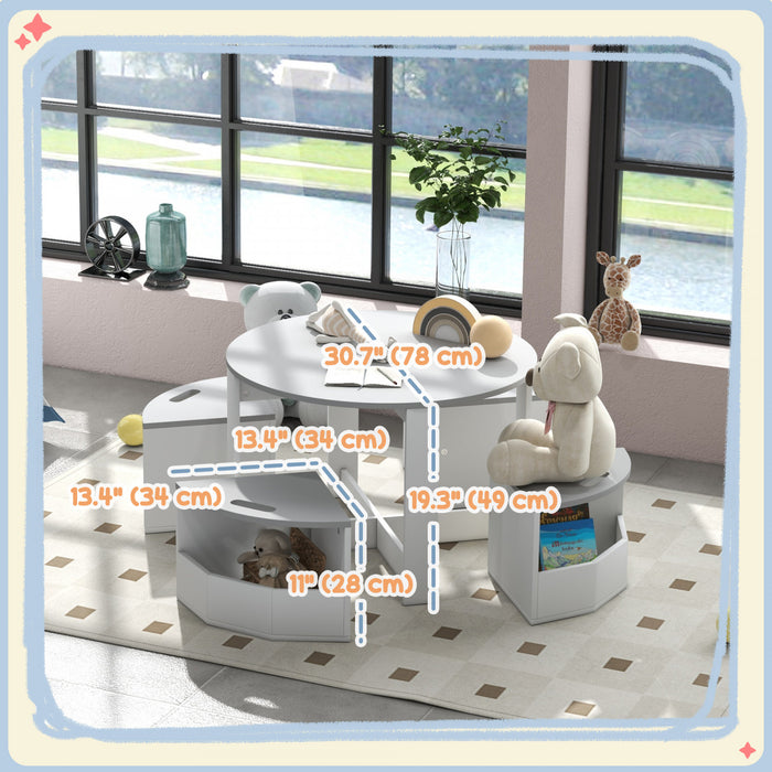 Qaba Ensemble Table Et Chaises Pour Enfants, 5 Pieces, Table Et 4 Chaises Avec Rangement, Table D'activites Pour L'art, L'artisanat, La Lecture, Pour Salle De Classe, Chambre D'enfant, Garderie, Gris