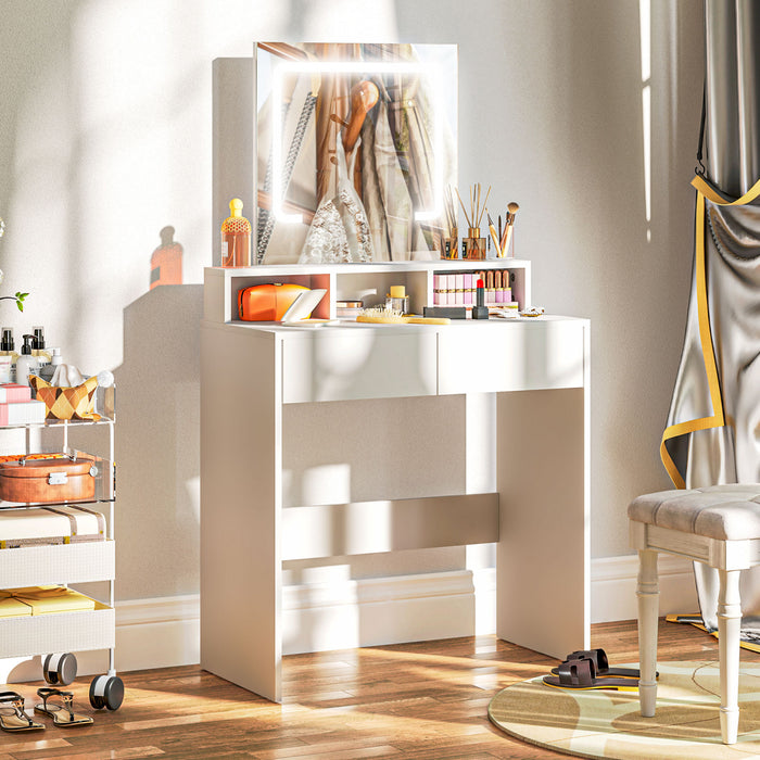 HOMCOM Bureau de maquillage avec miroir, lumieres LED, tiroirs, blanc