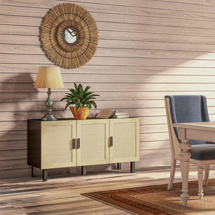 HOMCOM Buffet Boho, meuble bar a cafe avec portes en rotin, noir