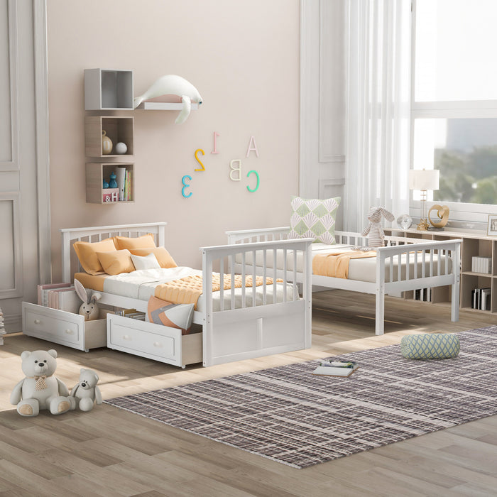Lit Superpose Convertible Elvis En Bois Massif, Taille Simple, Avec Tiroirs, Blanc