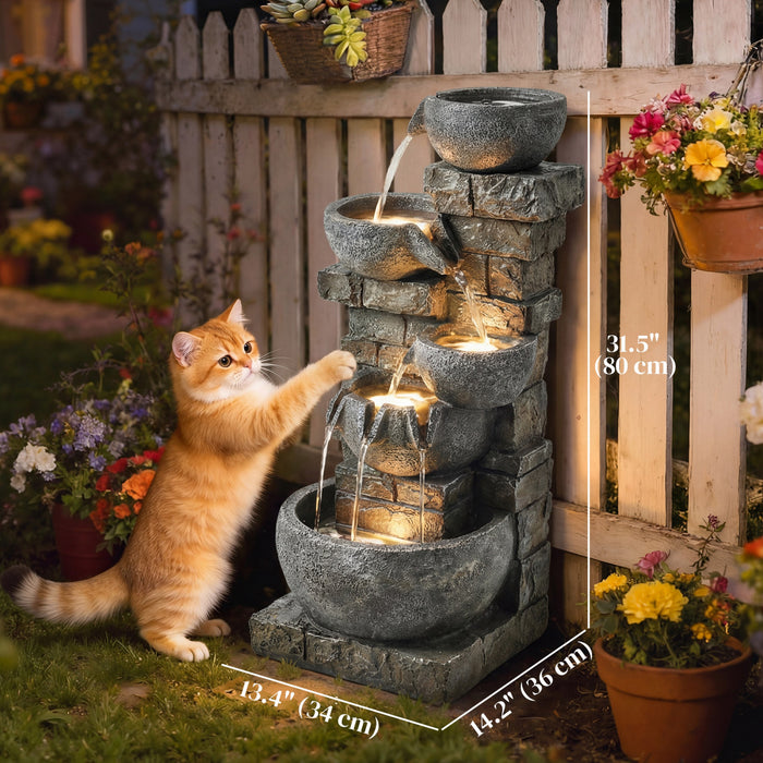Outsunny Fontaine d'Exterieur a 5 Niveaux avec Lumieres LED pour Jardin, Gris