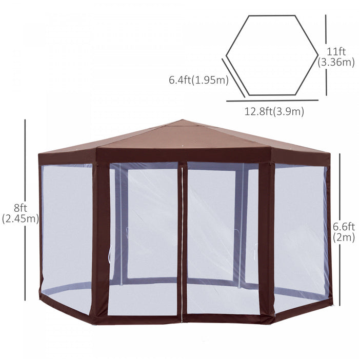 Outsunny 13' X 11' Hexagonal Garden Gazebo Patio Party Outdoor Canopy Tent Sun Shelter Moustiquaire Porte Zippee Marron