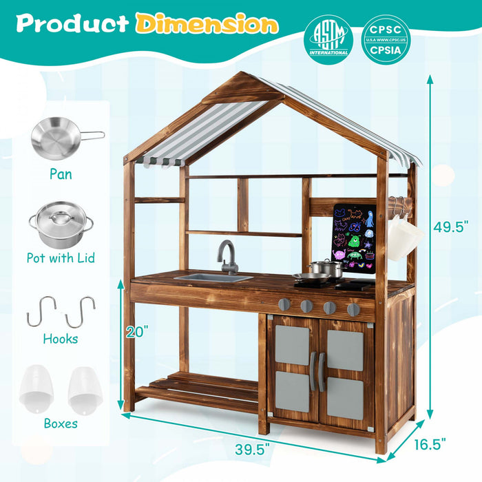 Cuisine En Boue En Bois Avec Tableau Noir, Poeles, Evier Amovible Et Accessoires Naturels