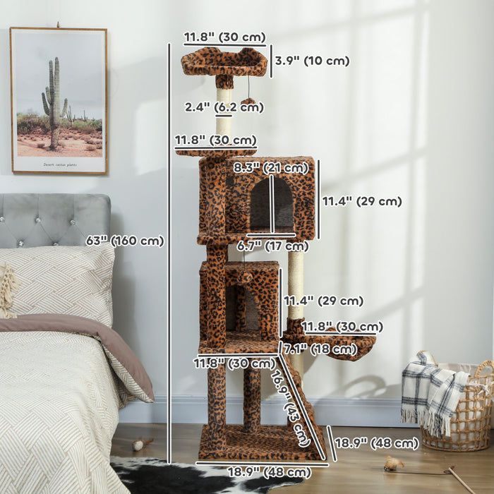63 Inch Cat Tree with Sisal Scratching Posts, Leopard Print