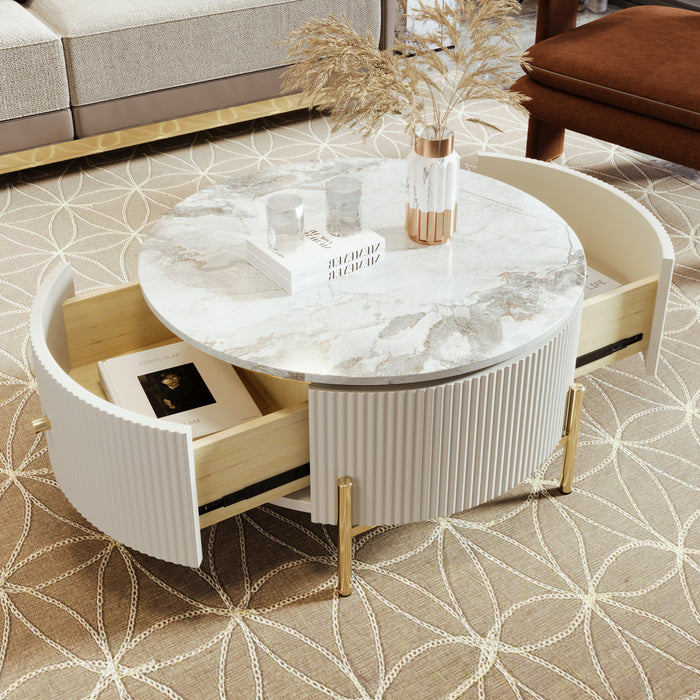 Table Basse Ronde Moderne Nelson De 31,5\" Avec 2 Tiroirs De Rangement, Blanc Casse