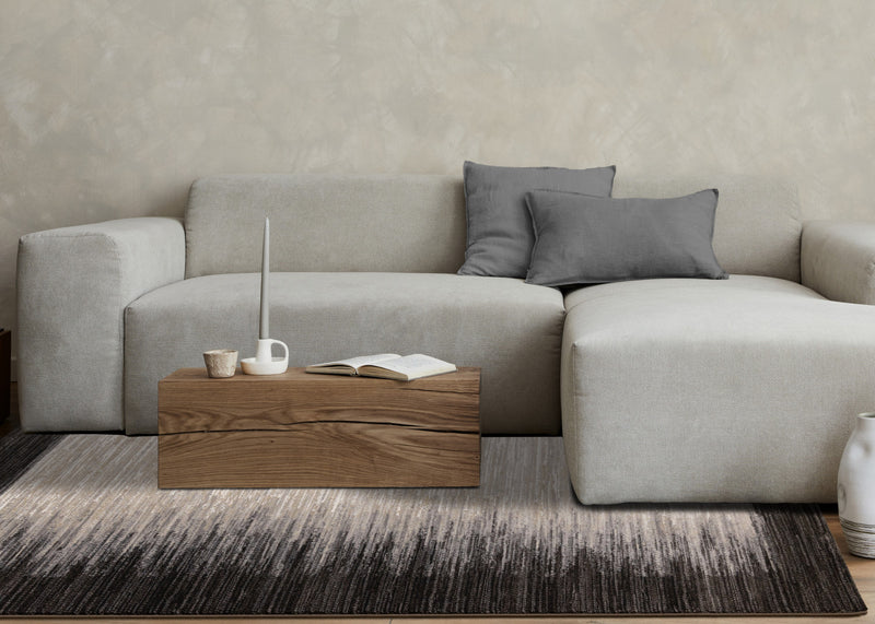 Carpette dense Amelia noire et beige à motif de bordure - 5 pi 3 po x 7 pi 7 po