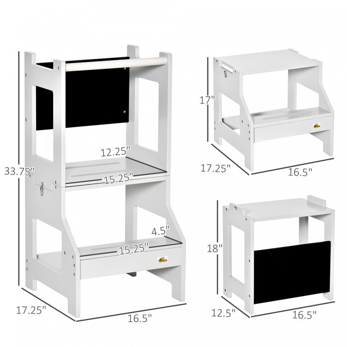 Qaba Escabeau De Cuisine 2 En 1 Pour Enfants, Escabeau Pour Tout-petits Avec Rail De Securite, Tableau Noir Pour Cuisine, Salle De Bain, Chambre, Gris