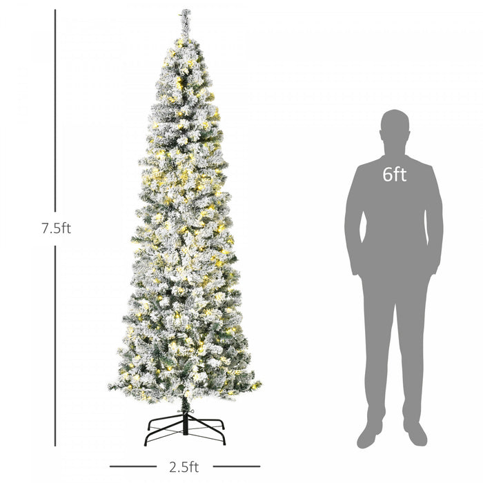 Homcom Arbre De Noel En Forme De Crayon Floque De Neige Artificielle Pre-eclaire De 7.5 Pieds Avec 350 Lumieres Led Blanc Chaud Et 641 Pointes De Branche