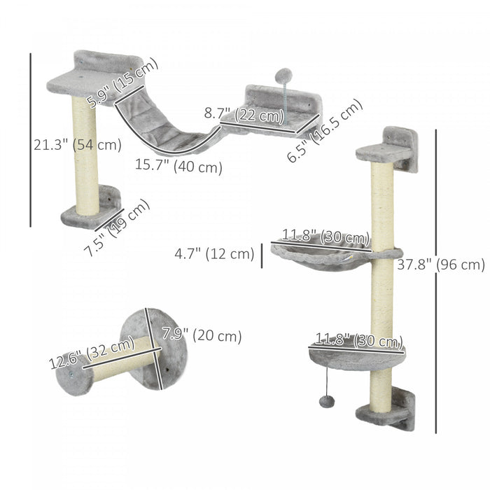 Pawhut Lot De 4 Etageres Murales Pour Chat Avec Hamac, Griffoir, Echelle, Marches, Plates-formes, Balles Jouets, Pour Usage Interieur, Gris