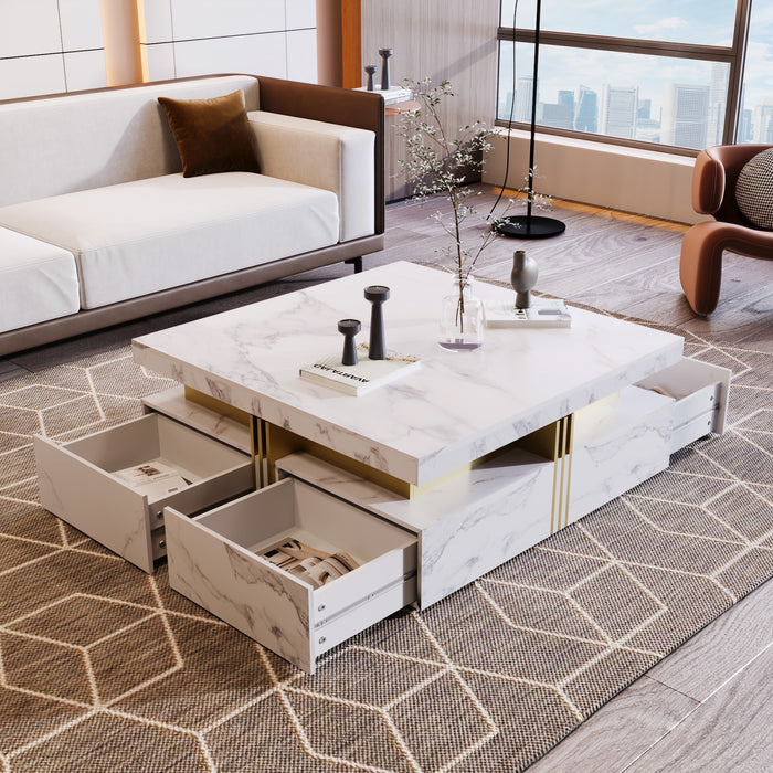 Table Basse Carree Marcia De 33,5\" En Bois Composite Avec Tiroirs De Rangement, Blanche