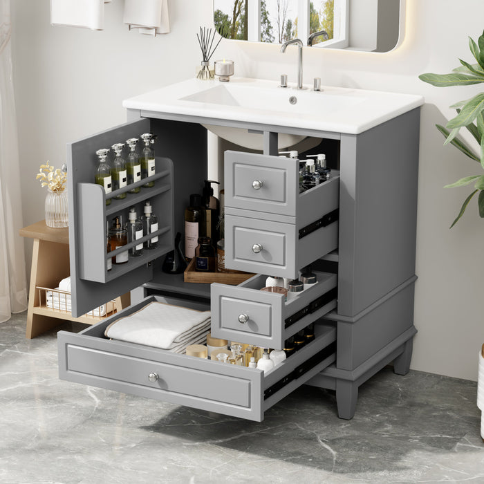 Emma Meuble-lavabo en bois massif de 30\" avec vasque en ceramique et porte a fermeture douce, Gris