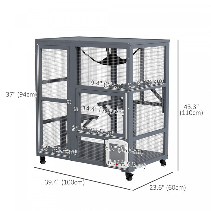 Pawhut Niche En Bois Pour Chats D'interieur, 3 Niveaux, Villa Pour Chat Sur Roulettes Avec Porte A Chatiere, Hamac, Dessus Ouvrant Pour 2 Chats, Gris Clair
