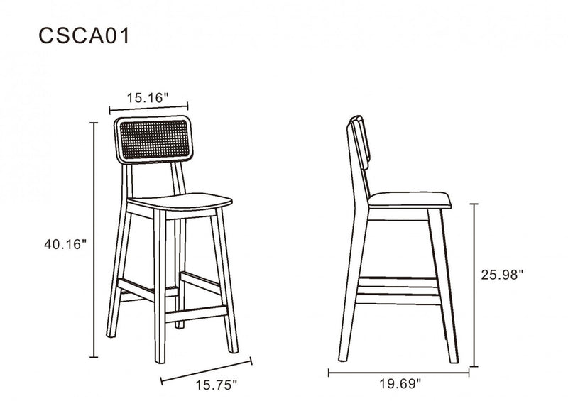 Tabouret de comptoir industriel chic Versailles avec dossier en cannage, bois noir et naturel - Lot de 2