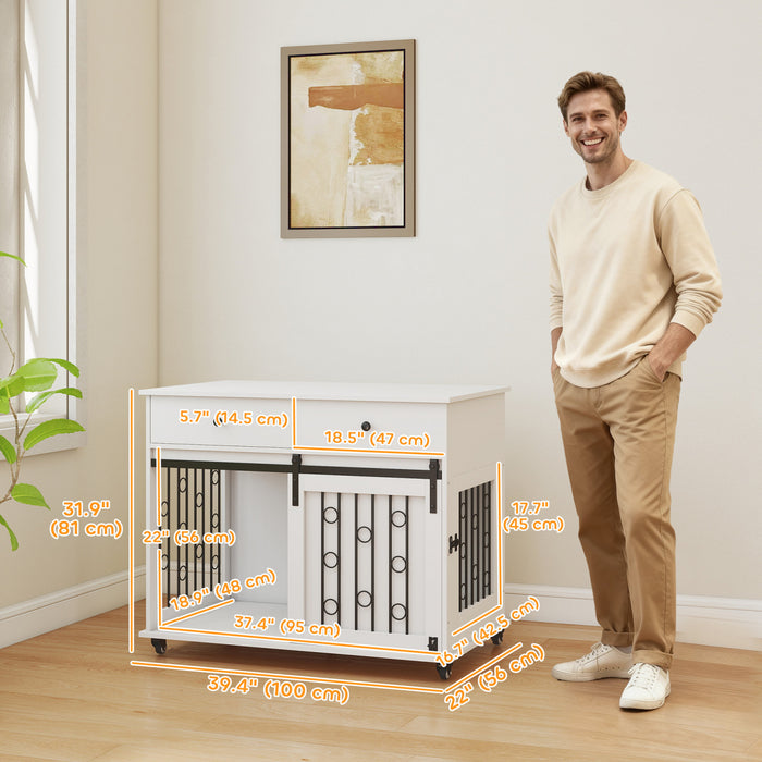 Meuble Cage pour Chien 39\" avec Tiroirs de Rangement, Roulettes