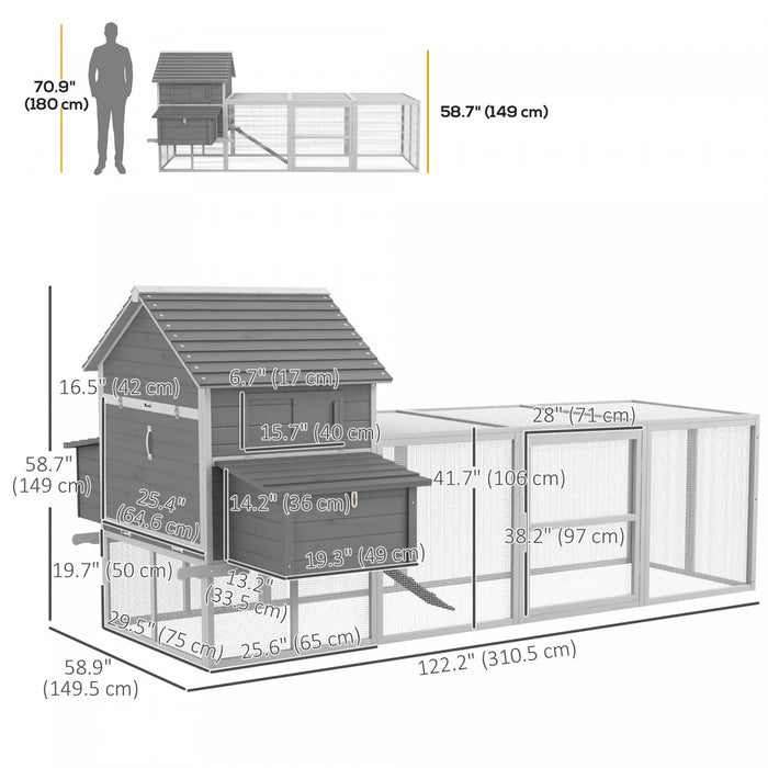 Pawhut Poulailler, Parc A Poules En Bois Avec Nichoirs, Parcours, Portes, Plateau, Rampe Pour 4-6 Poules, Lapins, Canards Pour L'exterieur, Gris