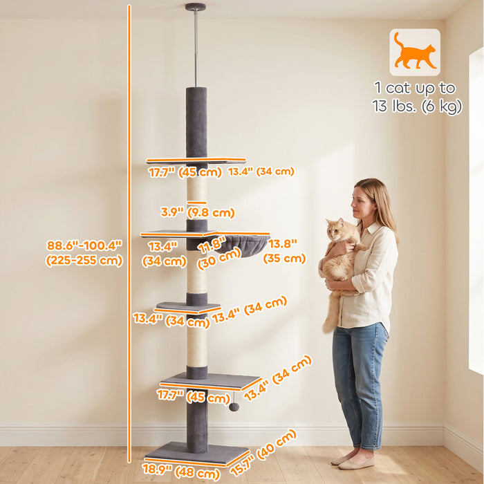 PawHut Arbre a chat sol-plafond reglable 225-255 cm, tour 5 niveaux