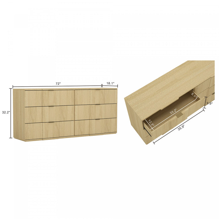 Commode Clive style milieu du siecle 183 cm en chene naturel et or (6 tiroirs)