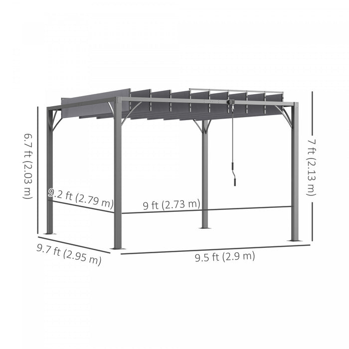 Outsunny Pergola Exterieure 9.5' X 9.7' Avec Toit Retractable, Auvent De Pergola A Persiennes En Aluminium, Abri De Patio Avec Piquets De Sol Pour Patio, Pelouse, Jardin, Gris