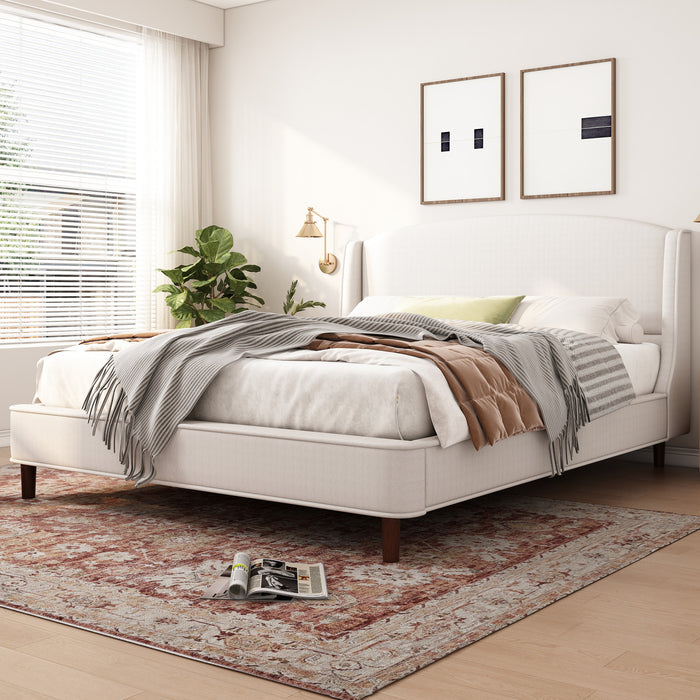 Lit Ellison a Plateforme Rembourre en Tissu avec Tete de Lit Ailes et Lattes en Bois, Taille King - Beige