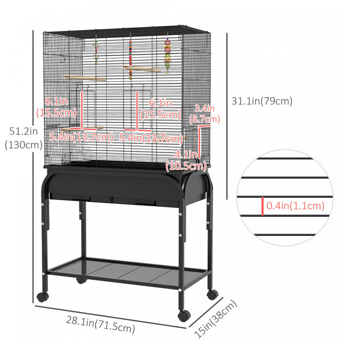 Pawhut 51\" Cage A Oiseaux Pour Perruches Canaris Pinsons Avec Support Roulant, Jouets, Noir