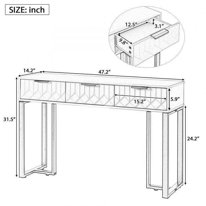 Horizon Table Console Moderne avec Tiroirs Geometriques et Cadre Dore, Blanc/Noir
