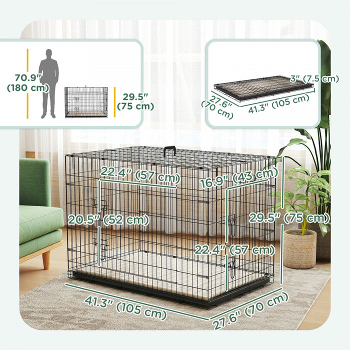 Cage Pour Chien Pawhut, Niche Pliable En Metal De 104 Cm Avec 2 Portes, Plateau Amovible, Coussin Moelleux, Poignee, Cage Pour Tres Grands Chiens, Noir