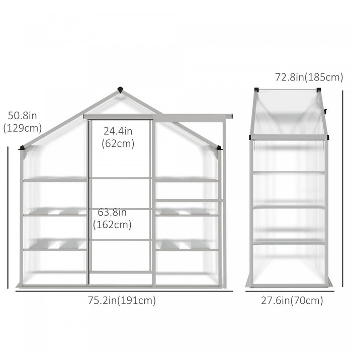 Outsunny Serre D'exterieur 6,3 Pi X 2,3 Pi X 6,1 Pi Avec Etageres A 3 Niveaux, Serre De Jardin En Polycarbonate Pour Plantes D'interieur, Cadre Froid Avec Cadre En Aluminium