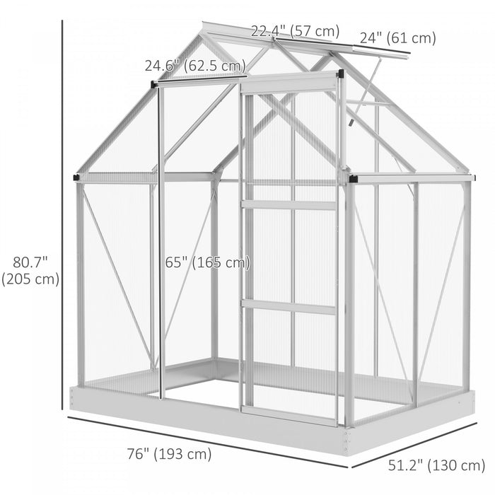 Outsunny Serre En Polycarbonate De 6' X 6', Serre De Plain-pied Avec Porte Coulissante, Fenetre Reglable, Cadre Et Fondation En Aluminium, Maison De Culture De Jardin Avec Gouttiere, Argente