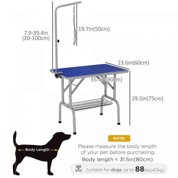Pawhut Table De Toilettage Pliable En Acier Inoxydable Pour Chien Avec Bras Reglable Et Panier, Bleu