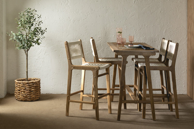  Table de salle à manger Agave de hauteur bar en teck avec ensemble de 4 tabourets bar en corde tressée - crème et naturelle
