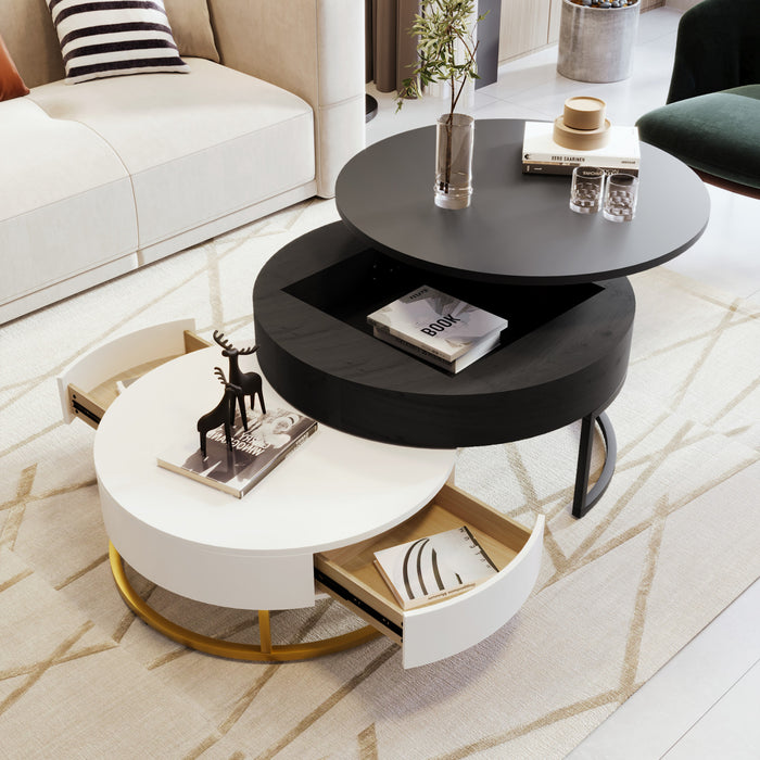 Table Basse Gigogne Ronde Sherry De 31,5\" En Bois Composite Avec Plateau Relevable Et Tiroirs, Noire