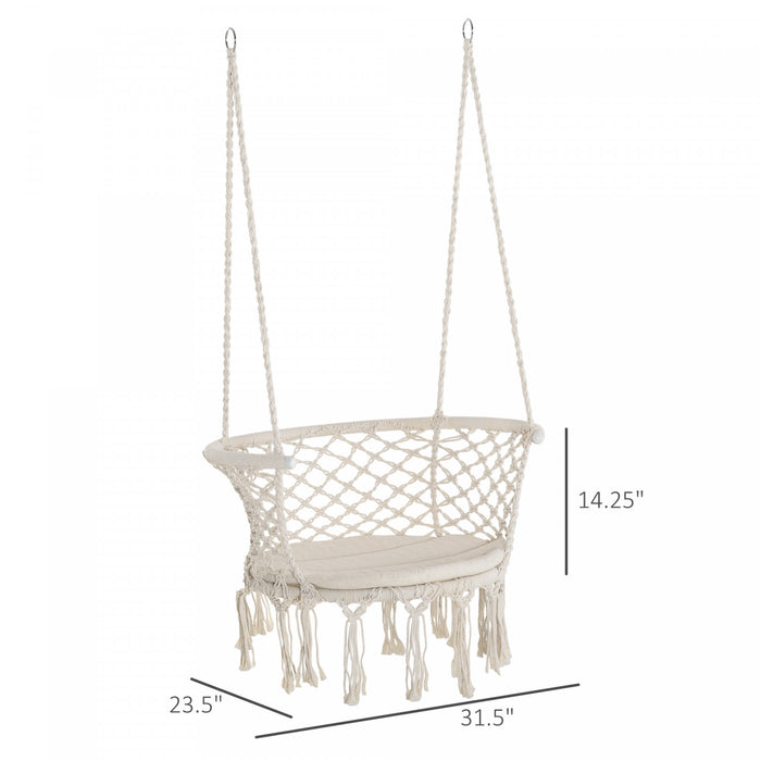 Outsunny Chaise Hamac Suspendue En Corde De Coton Avec Cadre En Metal Et Coussin, Grand Siege En Macrame Pour Terrasse, Jardin, Chambre, Salon, Blanc Creme